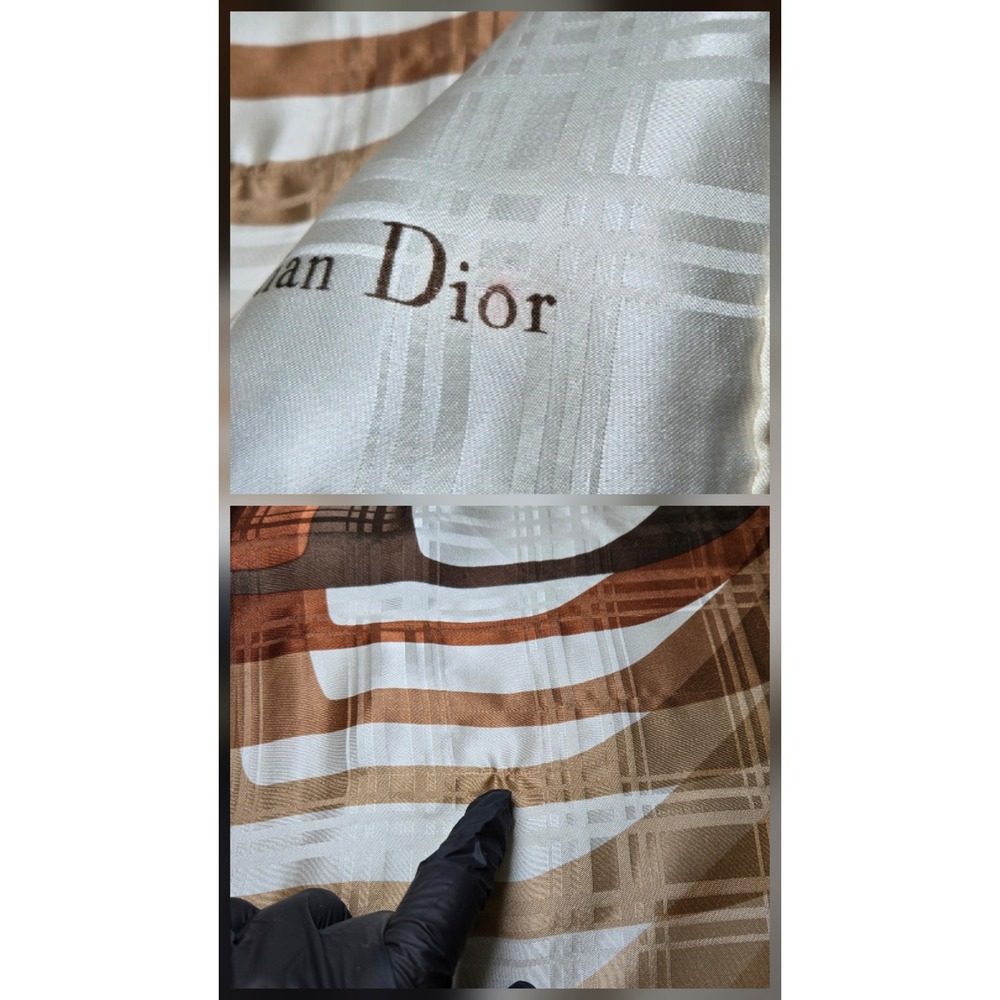 Christian Dior Silk Scarf Grey Brown Plaid Oversized D Logo Square Neck Scarf - Picture 4 of 7